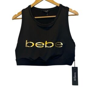 Bebe Sports Bra NWT Women’s 1X Black Gold Spellout Logo Stretch Crop UNPADDED